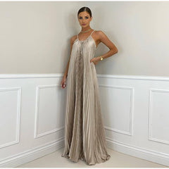 Pleated Long Halter Sleeveless Sling Banquet Dress