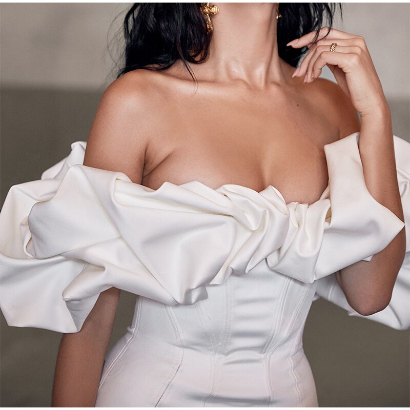 Solid Fishbone Off Shoulder Ruffled One-shoulder Mini Dress