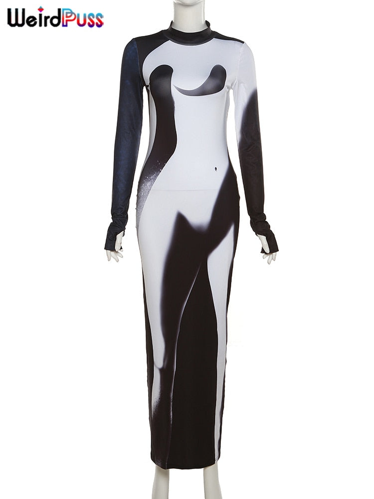 Weird Puss Gradient Maxi Dress Skinny Stretchy Long Sleeve O-Neck Trend Bodycon