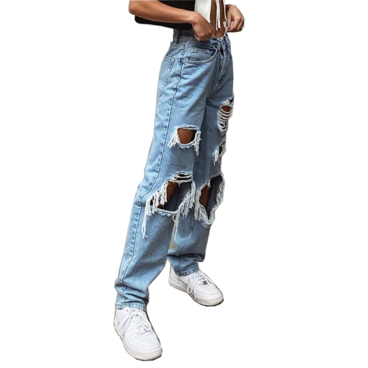 High Waist Loose Comfortable Ripped Jeans Pants Sexy Fashion Boyfriend Denim Pencil Pant