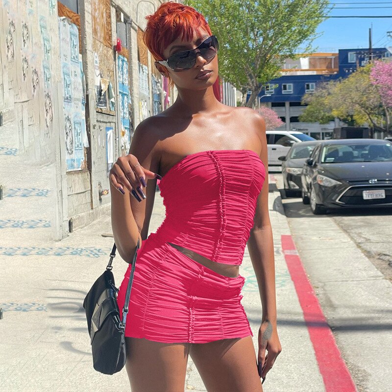 Off Shoulder Ruched Top and Skirt Matching Set