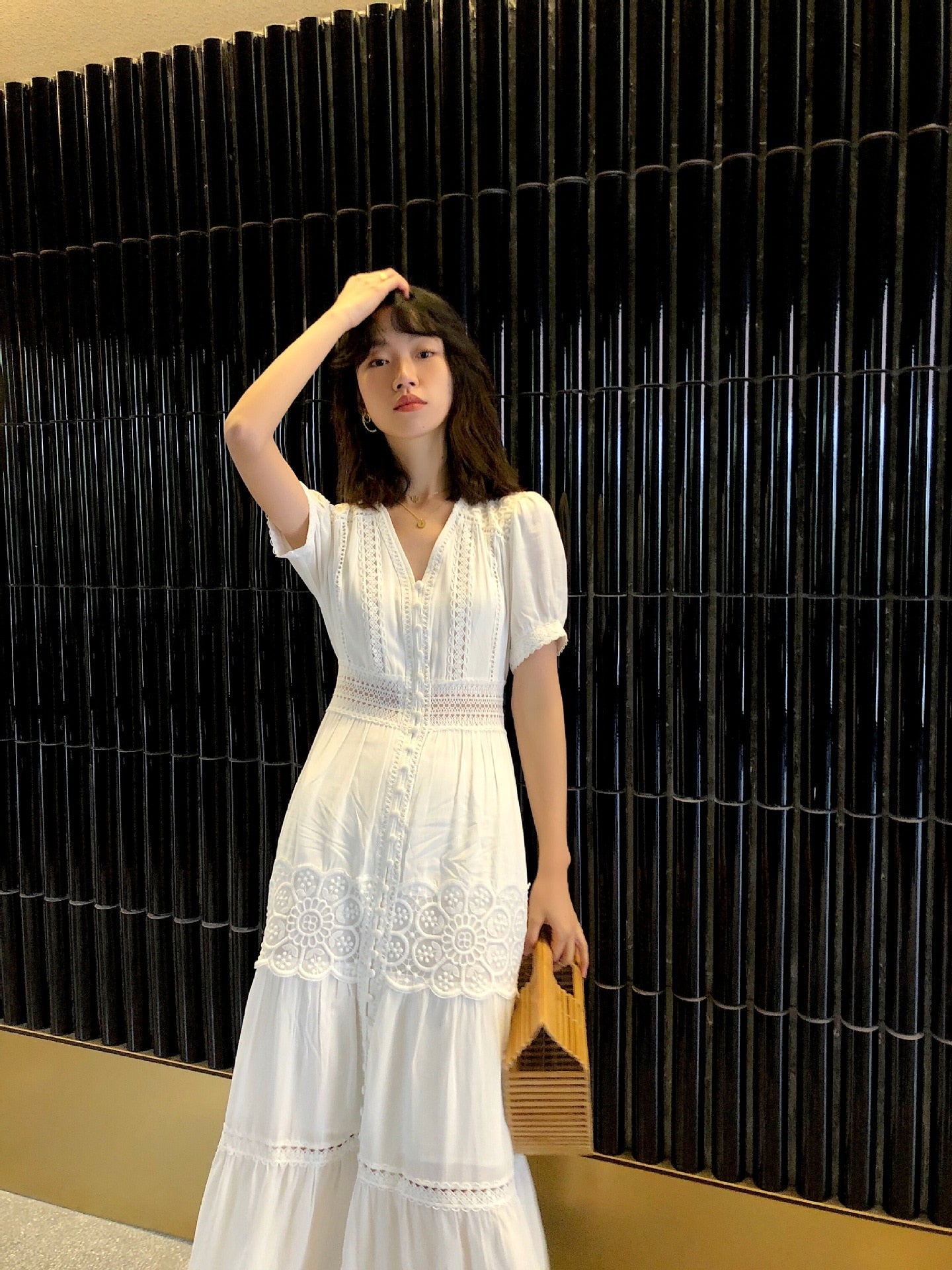 Cotton Patchwork Lace Dresses V-Neck Lantern Sleeve Maxi Dress