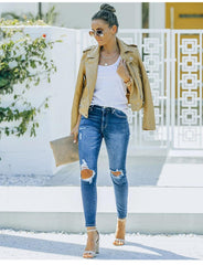 WomenJeans Blue Hight Waist Streetwear Ripped Casual Fashion Denim Pencil Pants