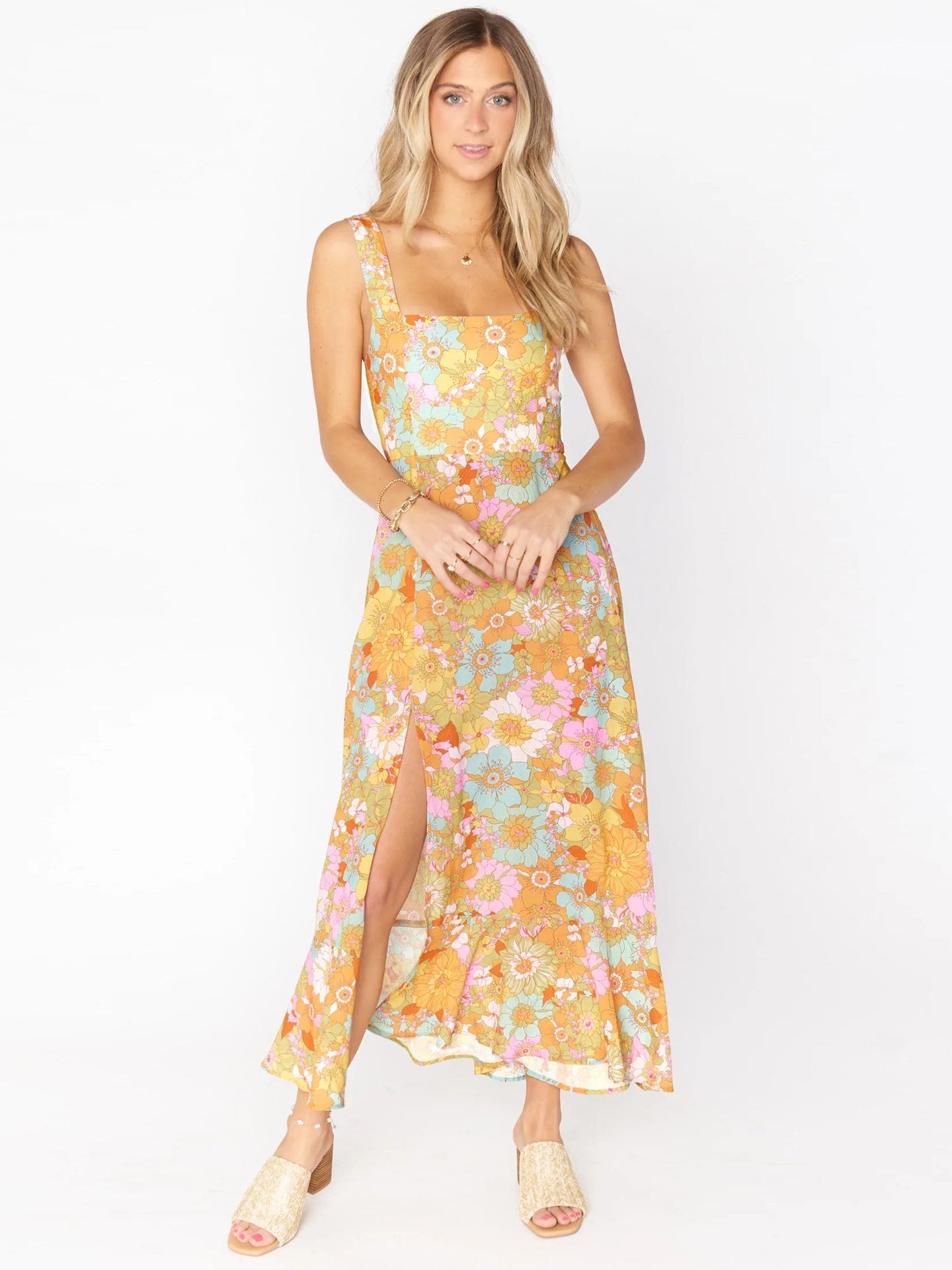 Green Basic Vintage Beach Tank Elegant Retro Floral Long Vestidos Belt Yellow