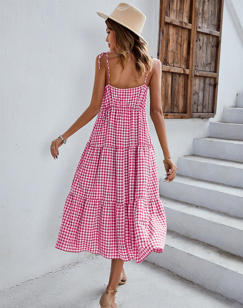 Boho Plaid Backless Casual Ruffles Party Beach Sundress