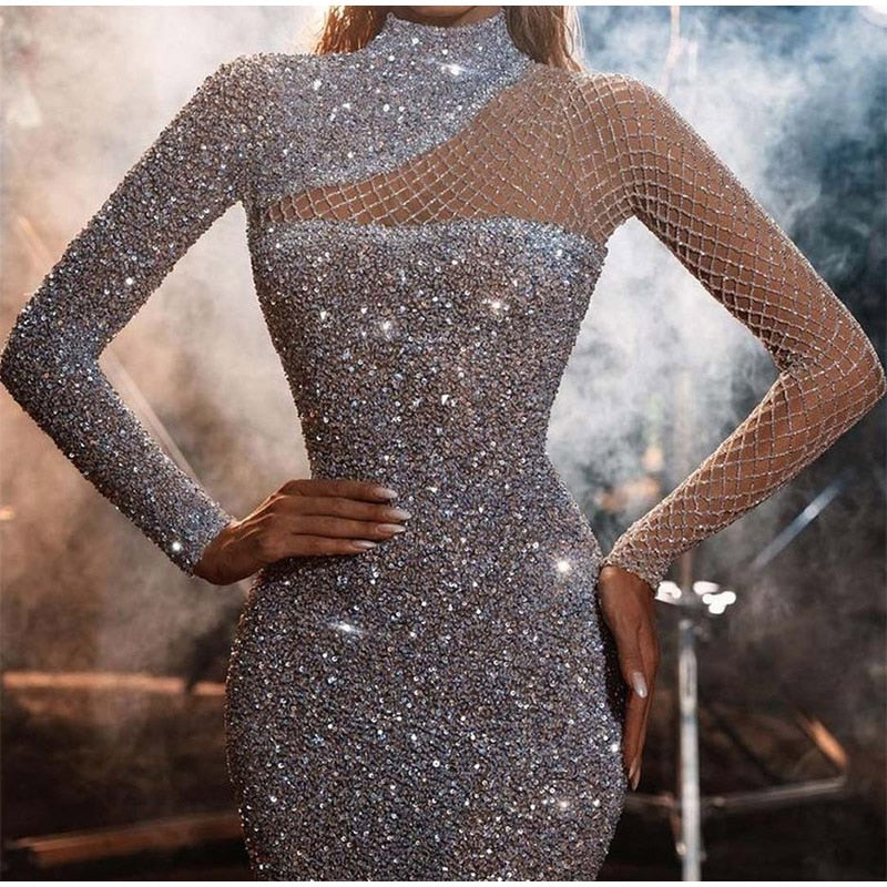 Sequins Glitter Solid Slim Half High Collar Long Sleeve Dress