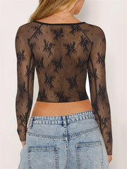 Summer Slim Fit Black Long Sleeve Square Neck Mesh Sheer See Through Lace Floral Tee