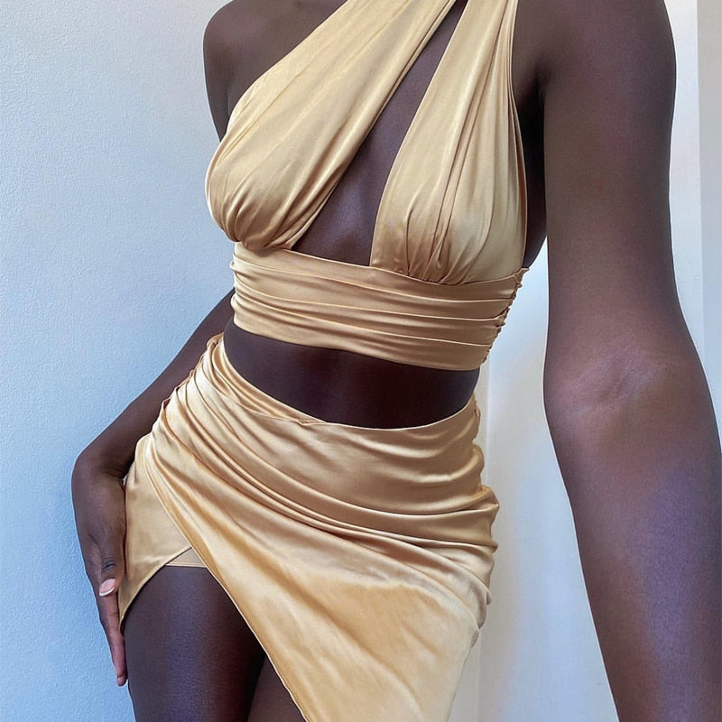 Satin Backless Crop Top Slit High Waist Skirt 2 Pieces Skirt Set