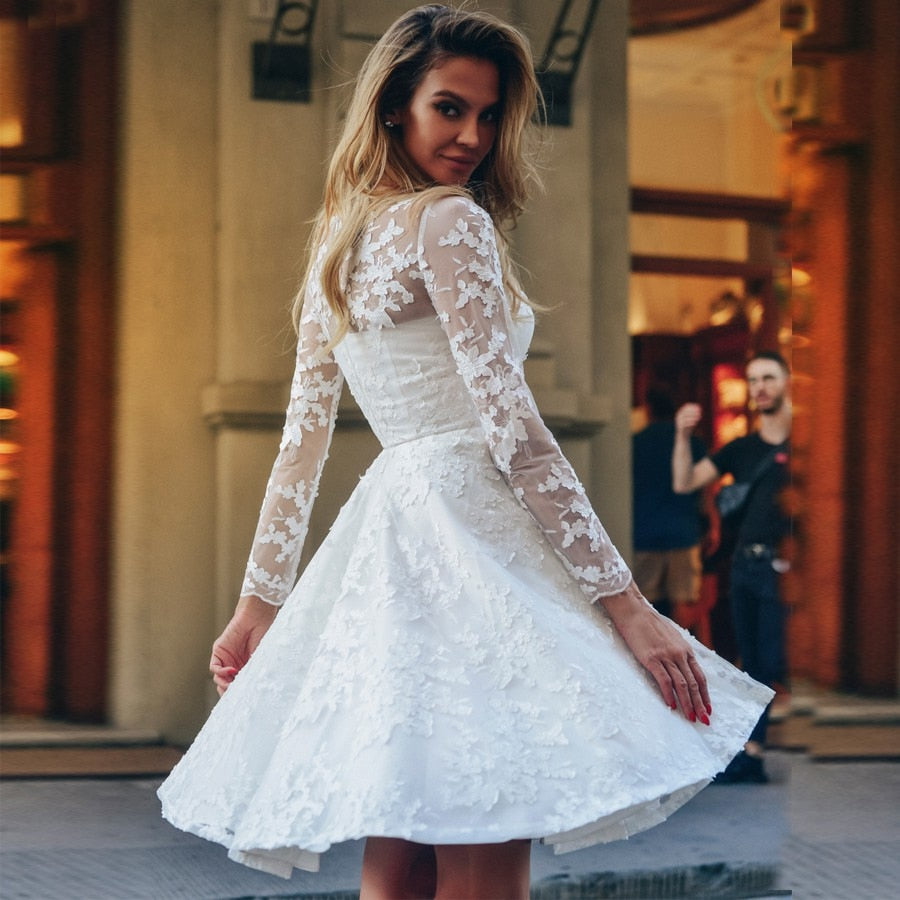 White Lace Hook Flower Hollow Patchwork Boho Long Sleeve Dresses Wedding Party