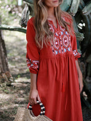 Cotton Linen Embroidery A Neck Ruffle Sleeve Boho Dress