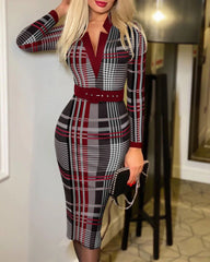 Polka Dot Print V Neck Long Sleeve Clothing Midi Dress