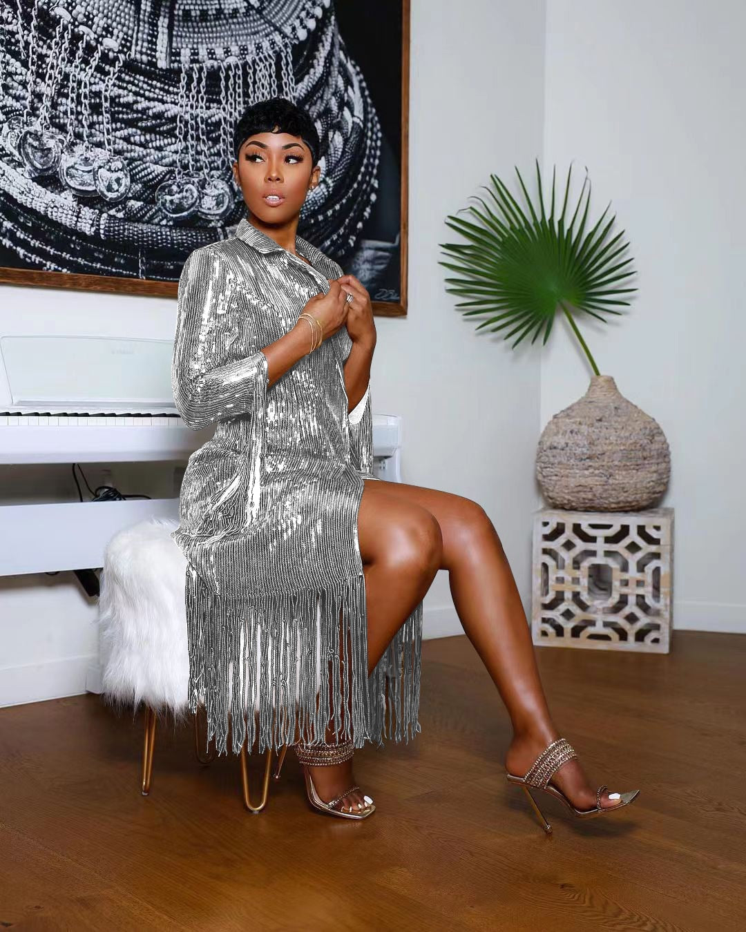 Solid Notched Tassel Sequin Decoration Knee Length Dress
