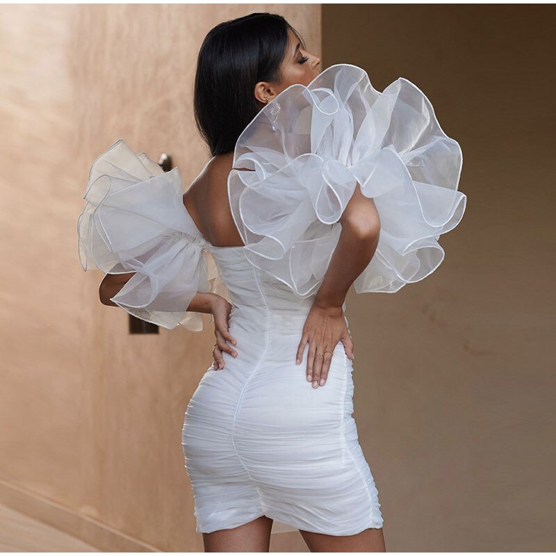 Mesh Ruffle Sleeve Tube Backless Bodycon Dress