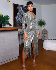 Solid Notched Tassel Sequin Decoration Knee Length Dress