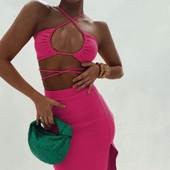 Bandage Cut Out Sexy Halter Neck Top and Skirts Set