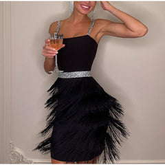 Off Shoulder Suspender Fringed Slim Dress