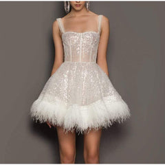 Off Shoulder Slip Feather Sequin Sleeveless Dress