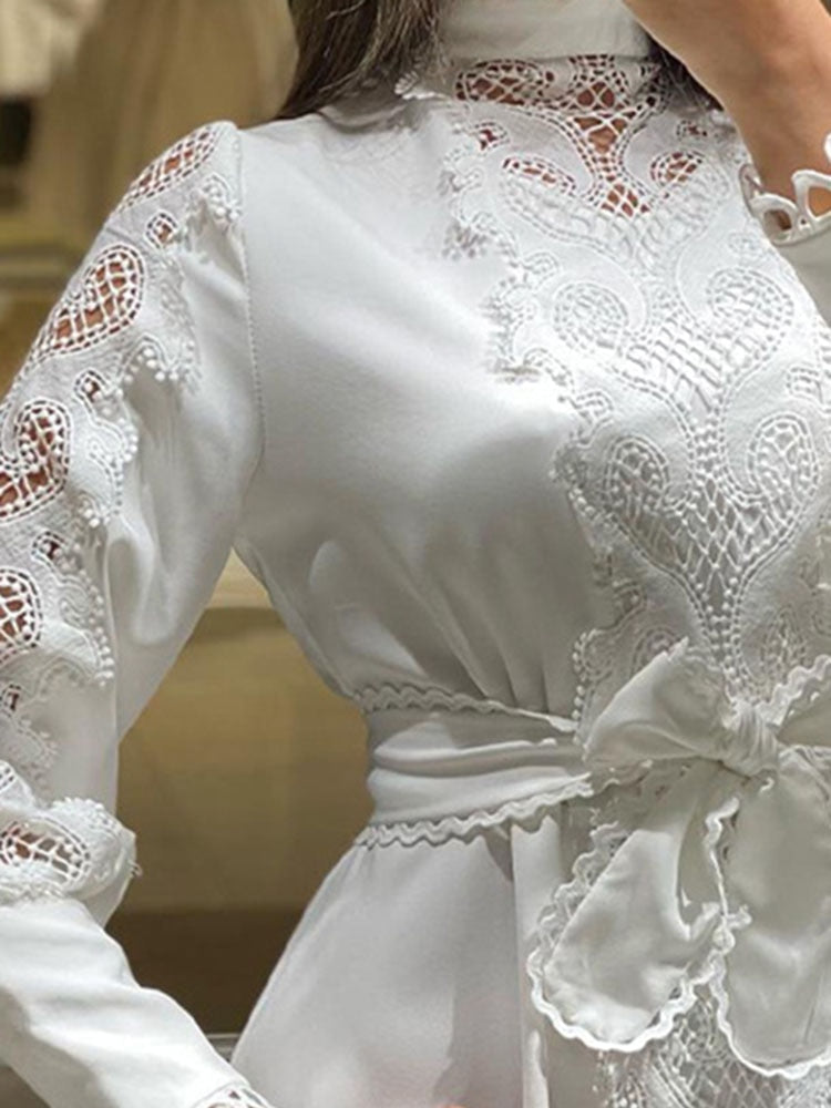 White Lace Hook Flower Hollow Patchwork Boho Long Sleeve Dresses Wedding Party