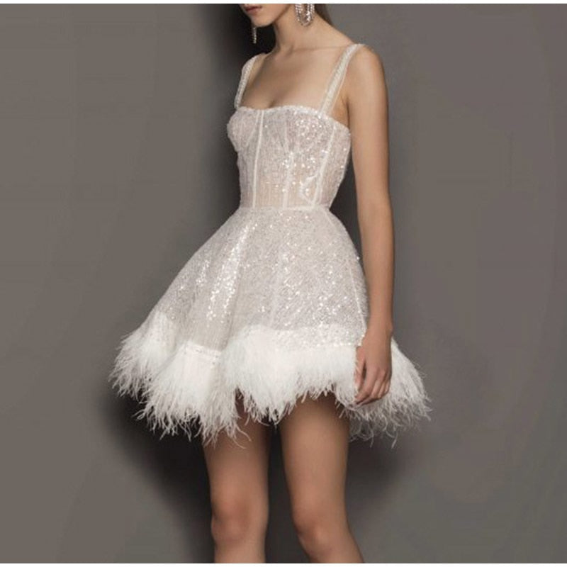 Off Shoulder Slip Feather Sequin Sleeveless Dress