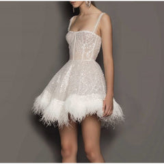Off Shoulder Slip Feather Sequin Sleeveless Dress