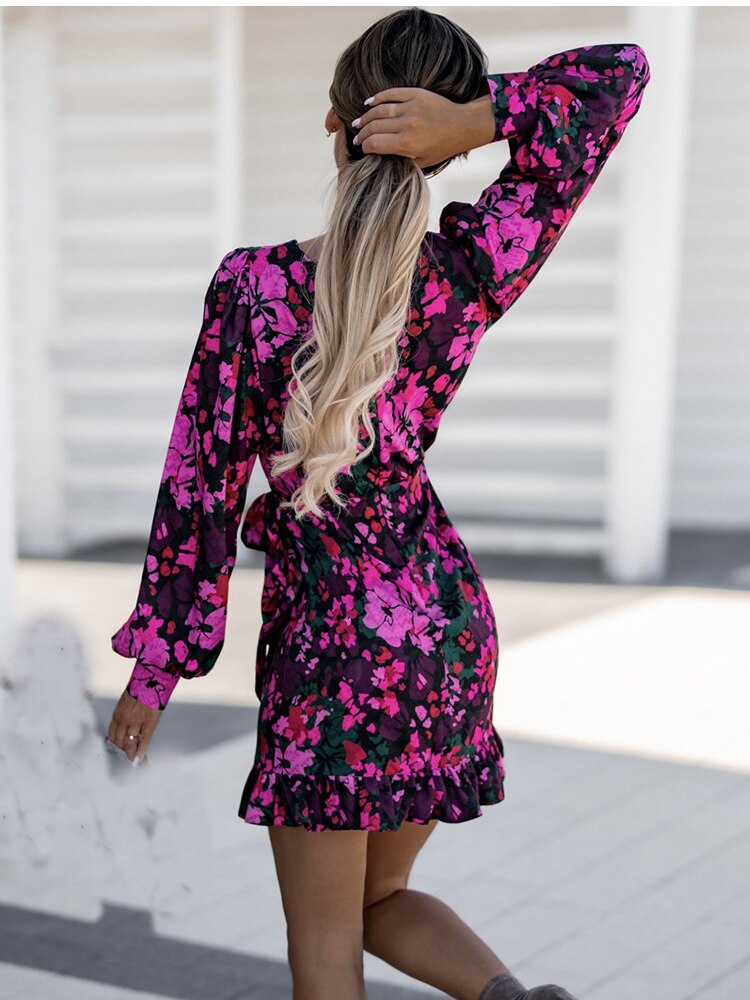 O-neck Long Sleeve Lace Up Ruffles Beach Party Dress