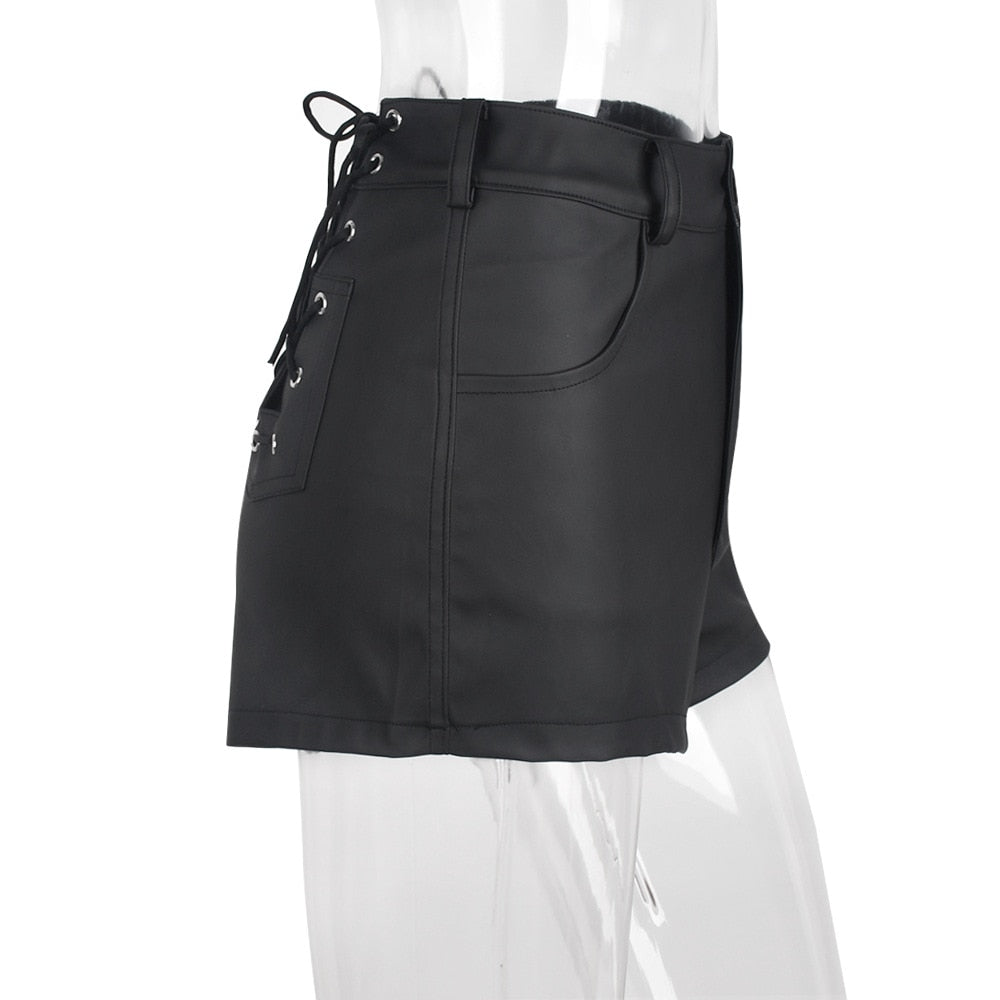 Hollow Out Lace-up Pu Matte Personality Shorts