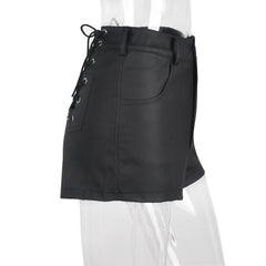 Hollow Out Lace-up Pu Matte Personality Shorts