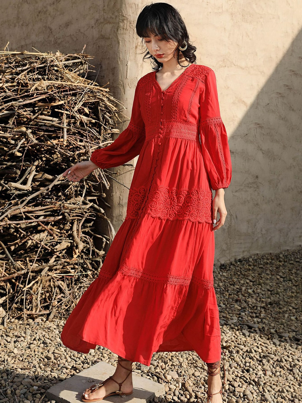 Cotton Patchwork Lace Dresses V-Neck Lantern Sleeve Maxi Dress