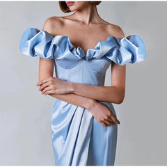 One-Shoulder Puff Sleeve Wrap Chest Slit Long Dress