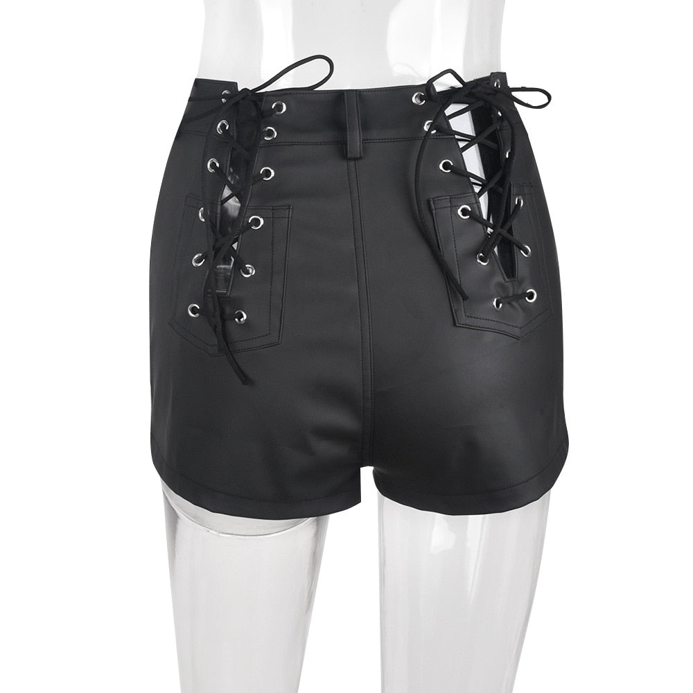 Hollow Out Lace-up Pu Matte Personality Shorts