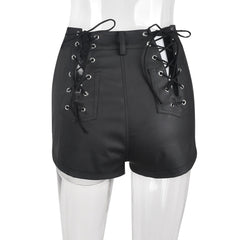 Hollow Out Lace-up Pu Matte Personality Shorts