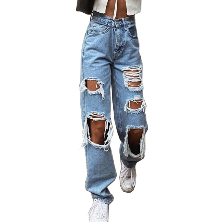 High Waist Loose Comfortable Ripped Jeans Pants Sexy Fashion Boyfriend Denim Pencil Pant