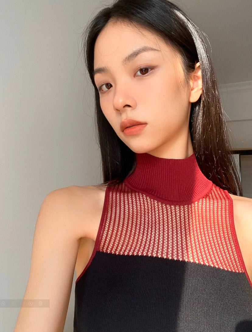 Hollow Out Turtleneck Knitted Vest Y2k Style Sleeveless Top