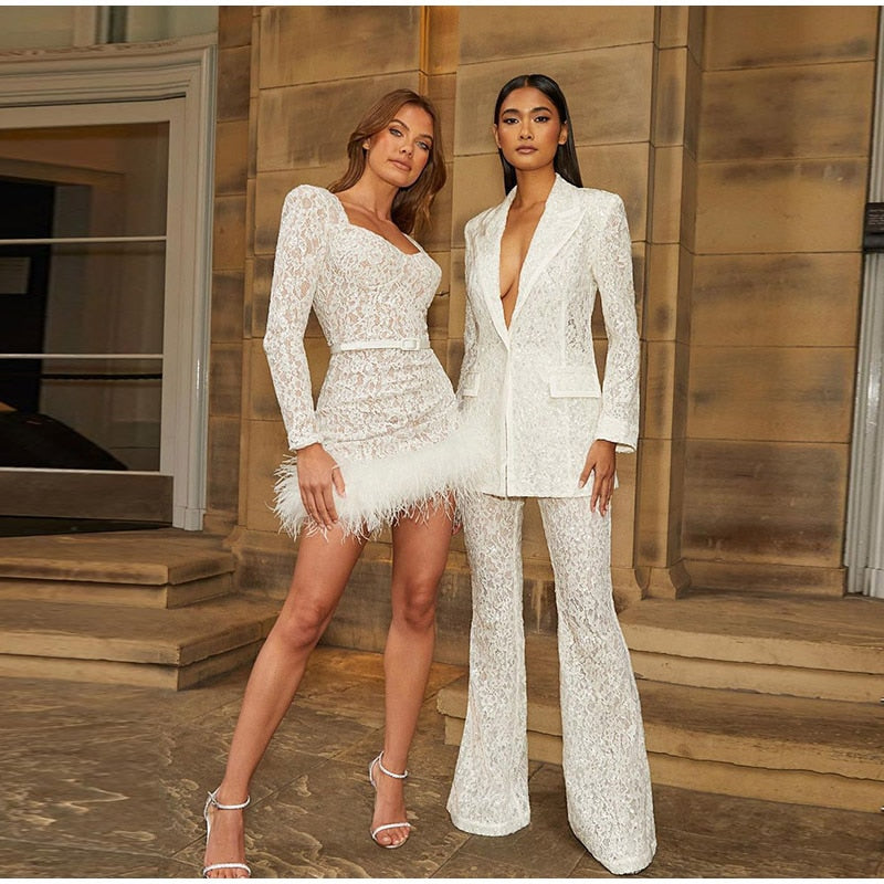 Long Sleeve Lace Feather Mini Skirt Square Neck Dress
