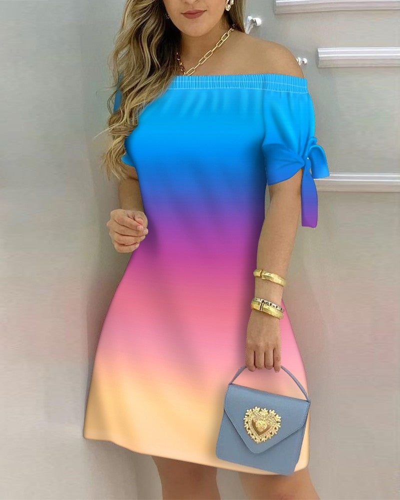 Off Shoulder Summer Mini Dress Short Sleeve Bow Tie Striped Plaid Floral Vestidos