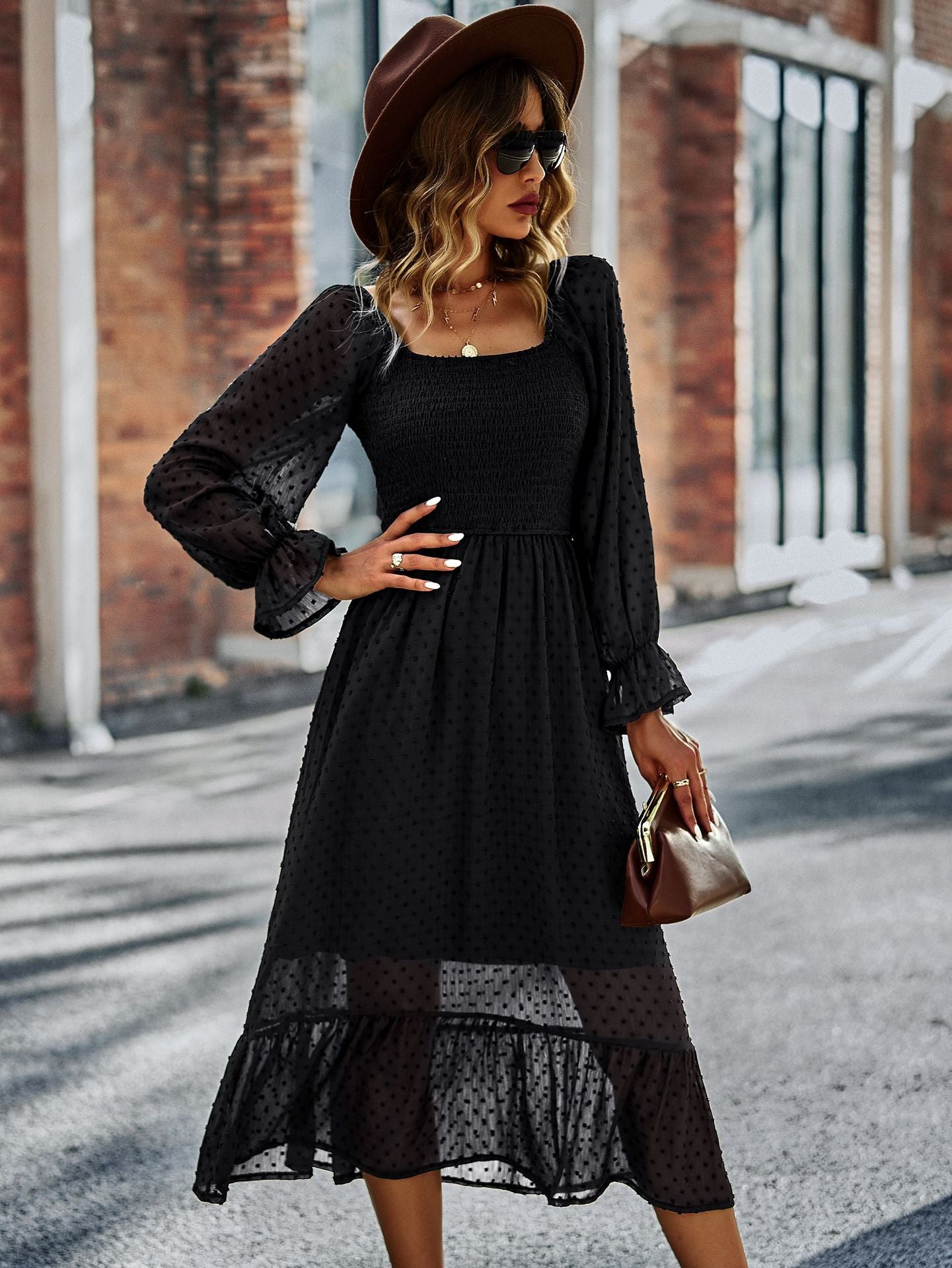 Chic Lace Lantern Sleeve Ruffles Square Collar Dress