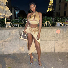 Satin Backless Crop Top Slit High Waist Skirt 2 Pieces Skirt Set
