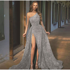 Sequin Off Shoulder High Split Inclined Shoulder Dress