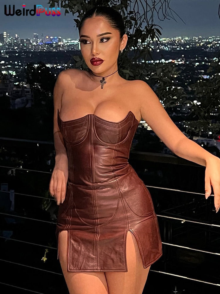Weird Puss Backless Dress Split Faux Leather Trend Skinny Solid Coquette