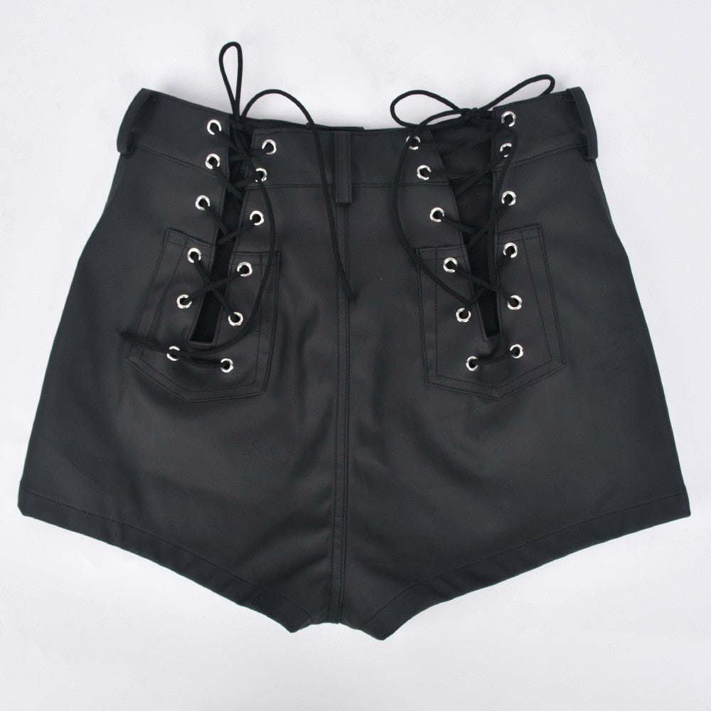 Hollow Out Lace-up Pu Matte Personality Shorts