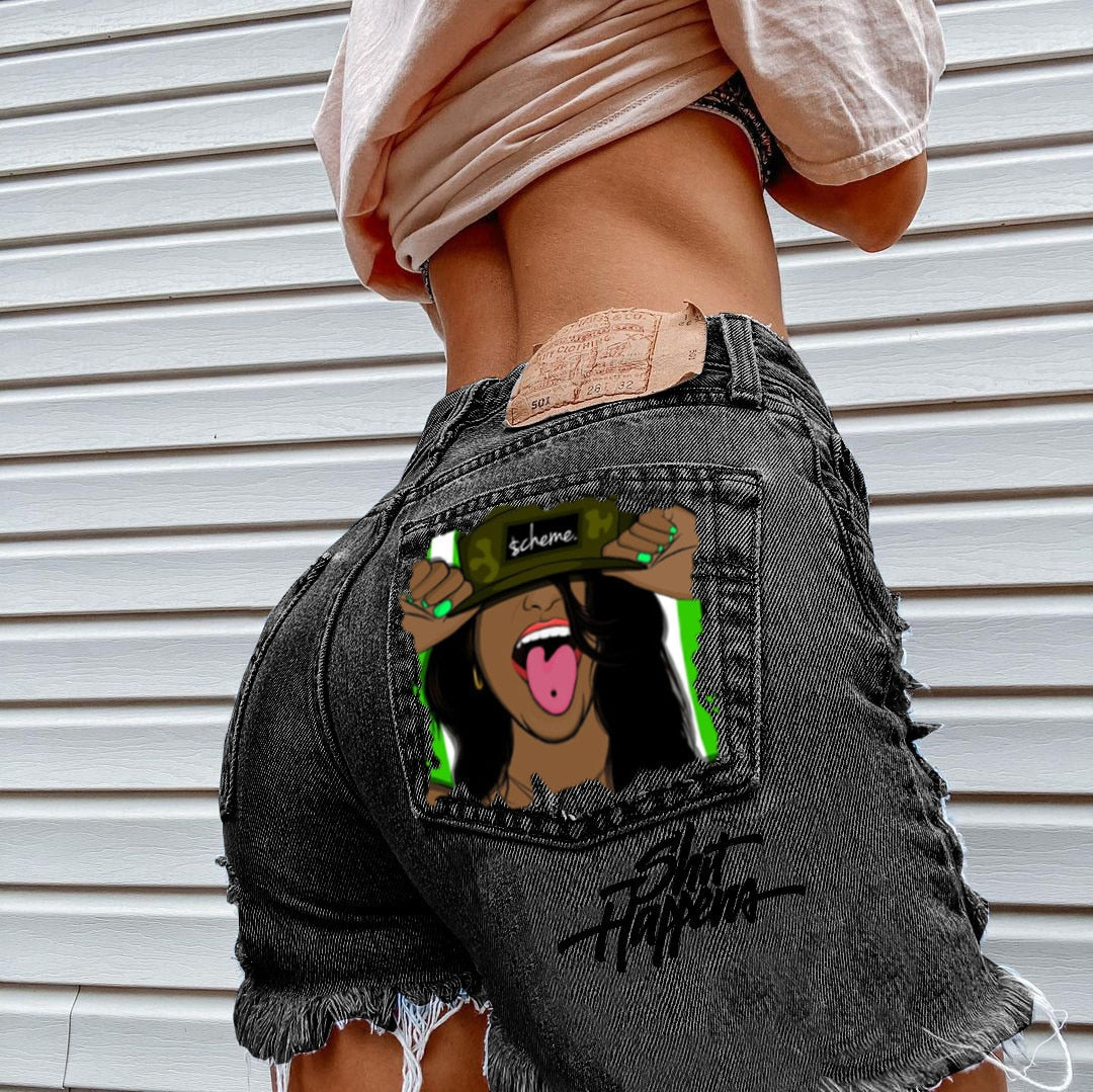 WomenHigh Street INS Net Red Playful Girl Pattern Printed Denim Shorts