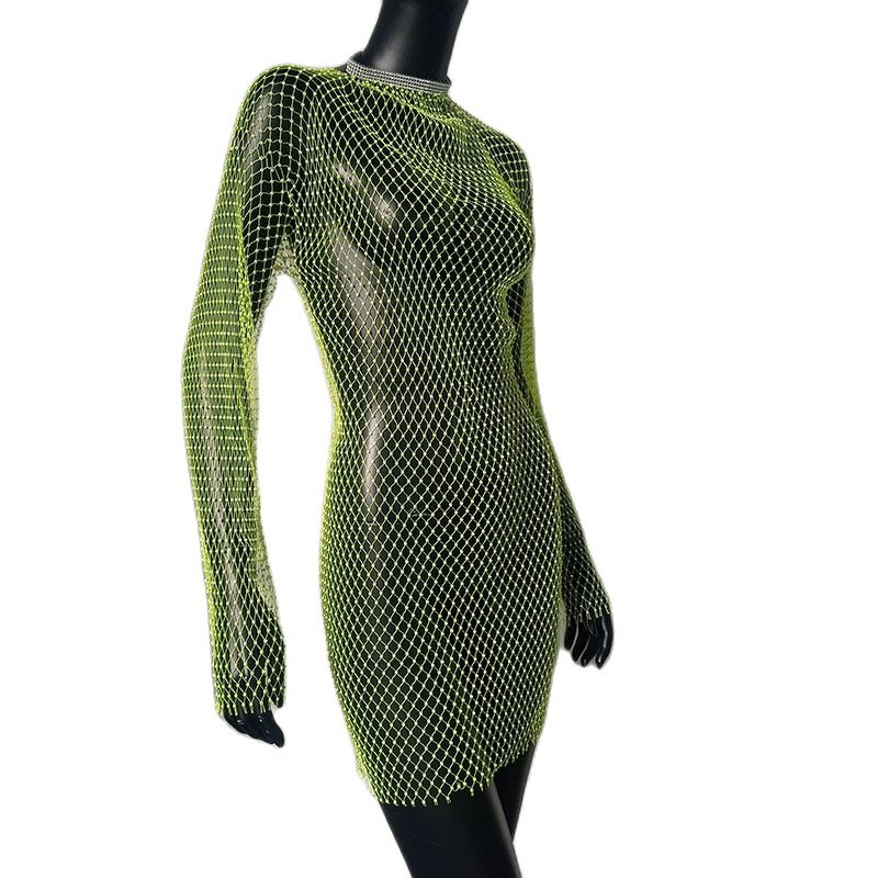 Bling Rhinestones Fishnet Mini Dress Sexy Long Sleeve Crystal Dress