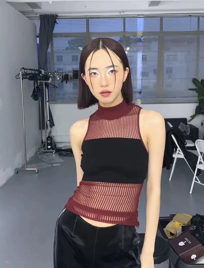 Hollow Out Turtleneck Knitted Vest Y2k Style Sleeveless Top