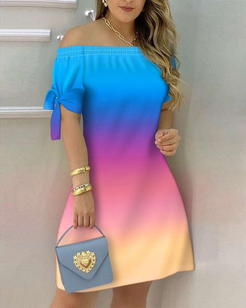 Off Shoulder Summer Mini Dress Short Sleeve Bow Tie Striped Plaid Floral Vestidos