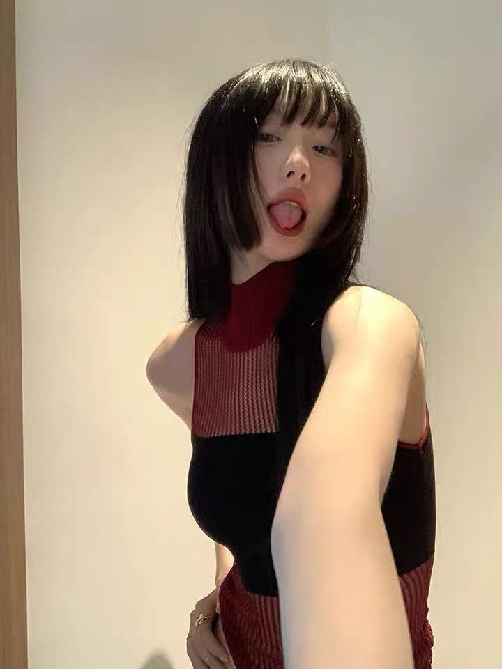 Hollow Out Turtleneck Knitted Vest Y2k Style Sleeveless Top