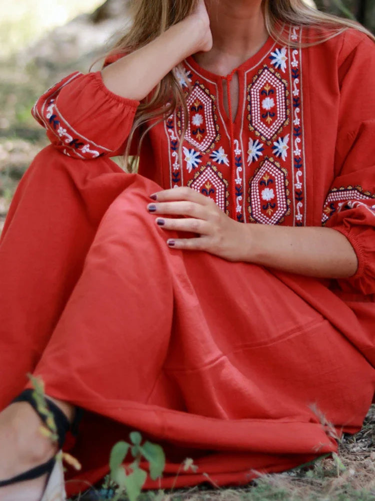 Cotton Linen Embroidery A Neck Ruffle Sleeve Boho Dress
