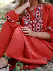 Cotton Linen Embroidery A Neck Ruffle Sleeve Boho Dress