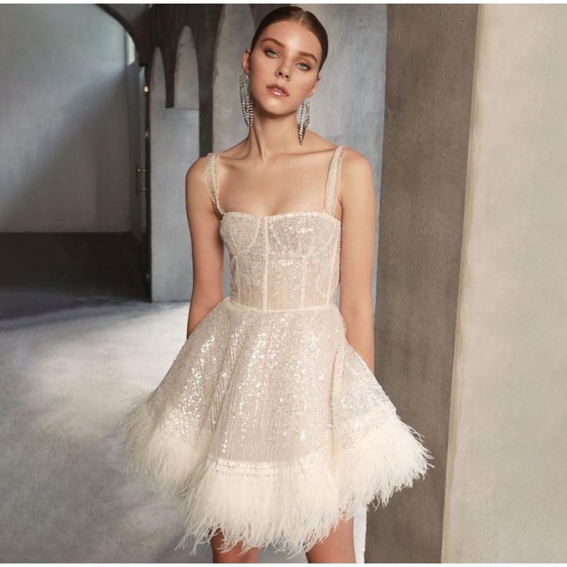 Off Shoulder Slip Feather Sequin Sleeveless Dress