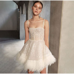 Off Shoulder Slip Feather Sequin Sleeveless Dress