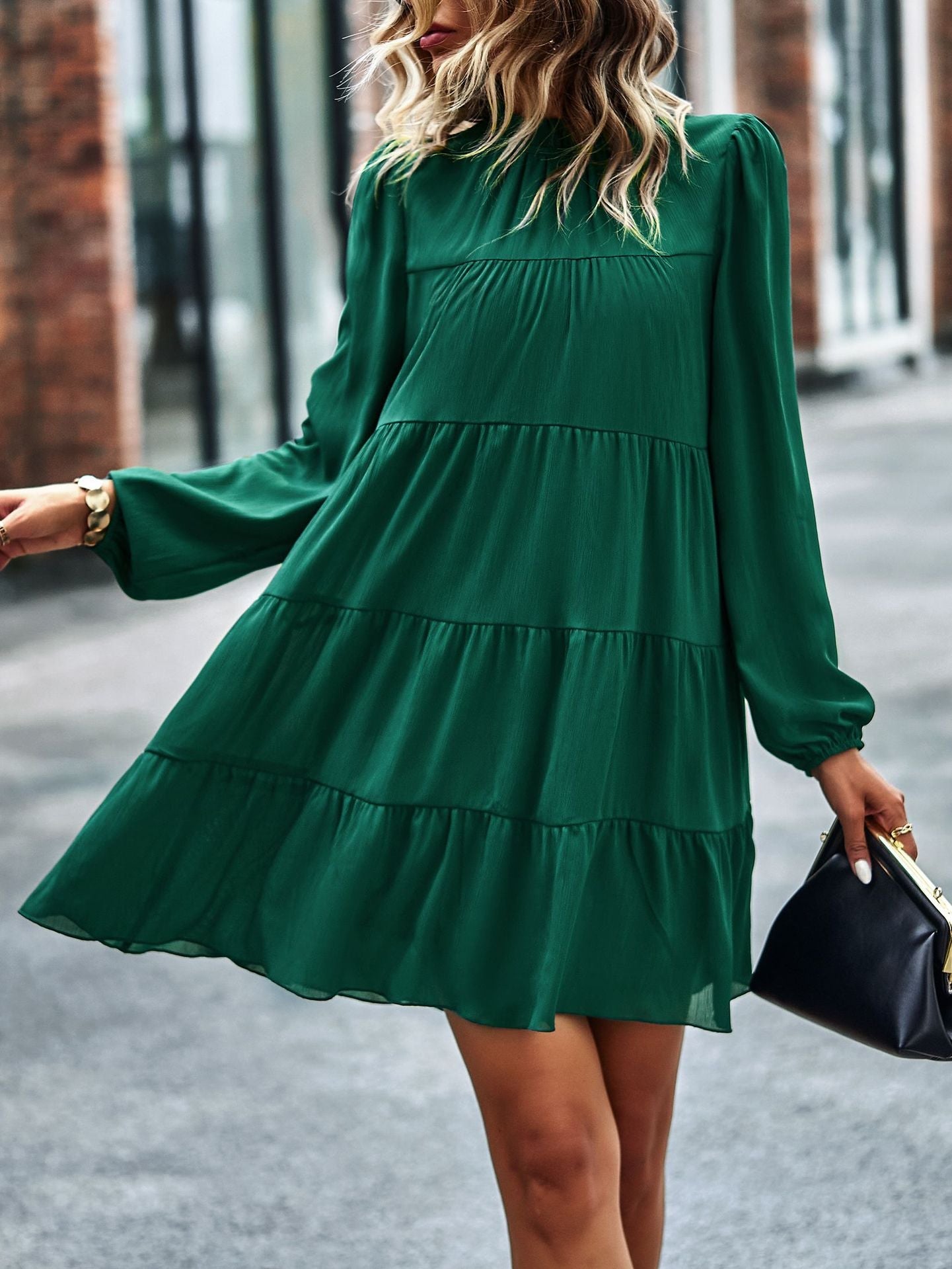 Round Neck Lantern Sleeve Ruffles Lace Up Dress